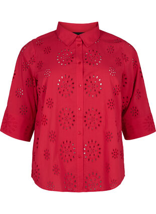 Shirt blouse with embroidery anglaise and 3/4 sleeves, Tango Red, Packshot image number 0