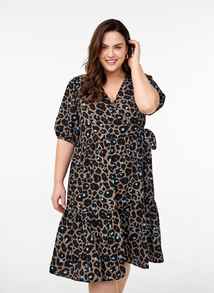 Wrap dress with short sleeves, Fossil w.Bl.Leo AOP, Model image number 0