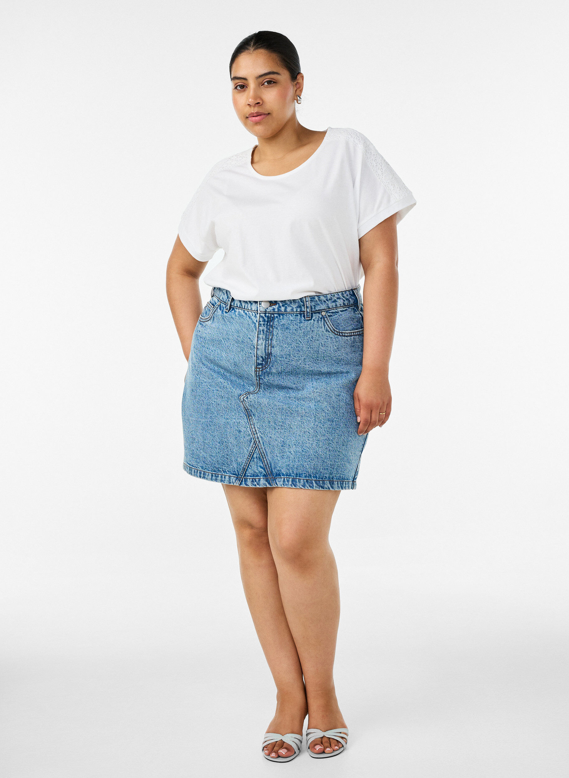 ZizzifashionCotton T-shirt with crochet detail, White, Model image number 1