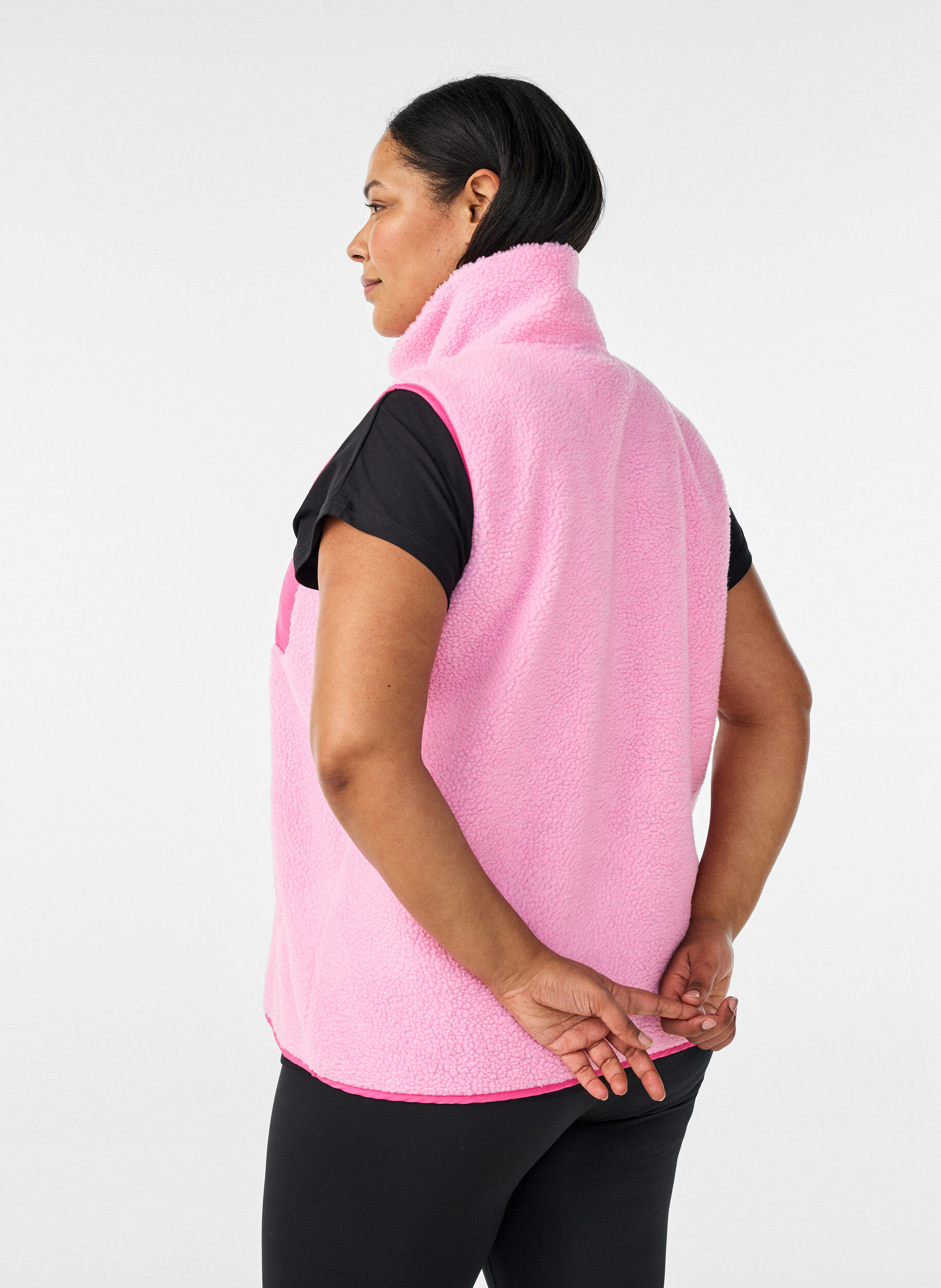 Zizzifashion Teddy fleece vest with zip and contrast detail, Pink, Model image number 2