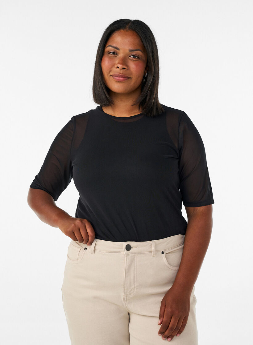 Mesh top with short sleeves and round neck, Black, Model image number 0