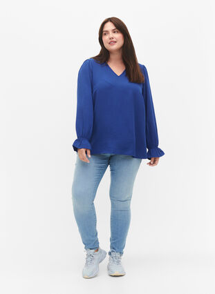 V-neck blouse with long sleeves, Mazarine Blue, Model image number 2
