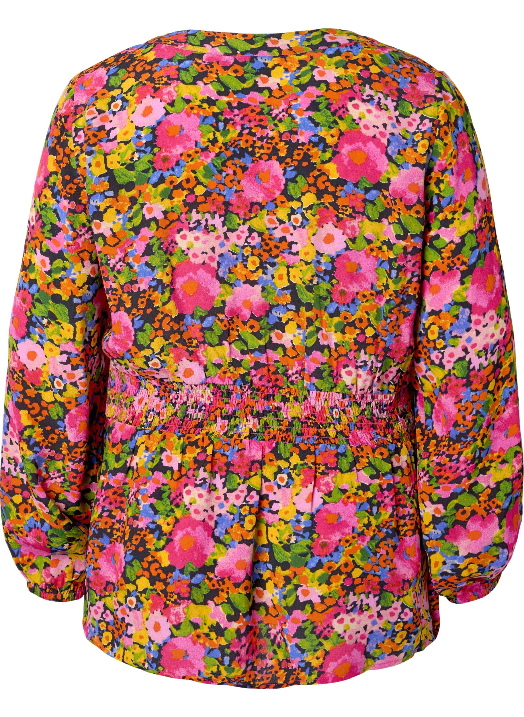 Zizzifashion Viscose top with floral print and smock, Neon Flower Print, Packshot image number 1