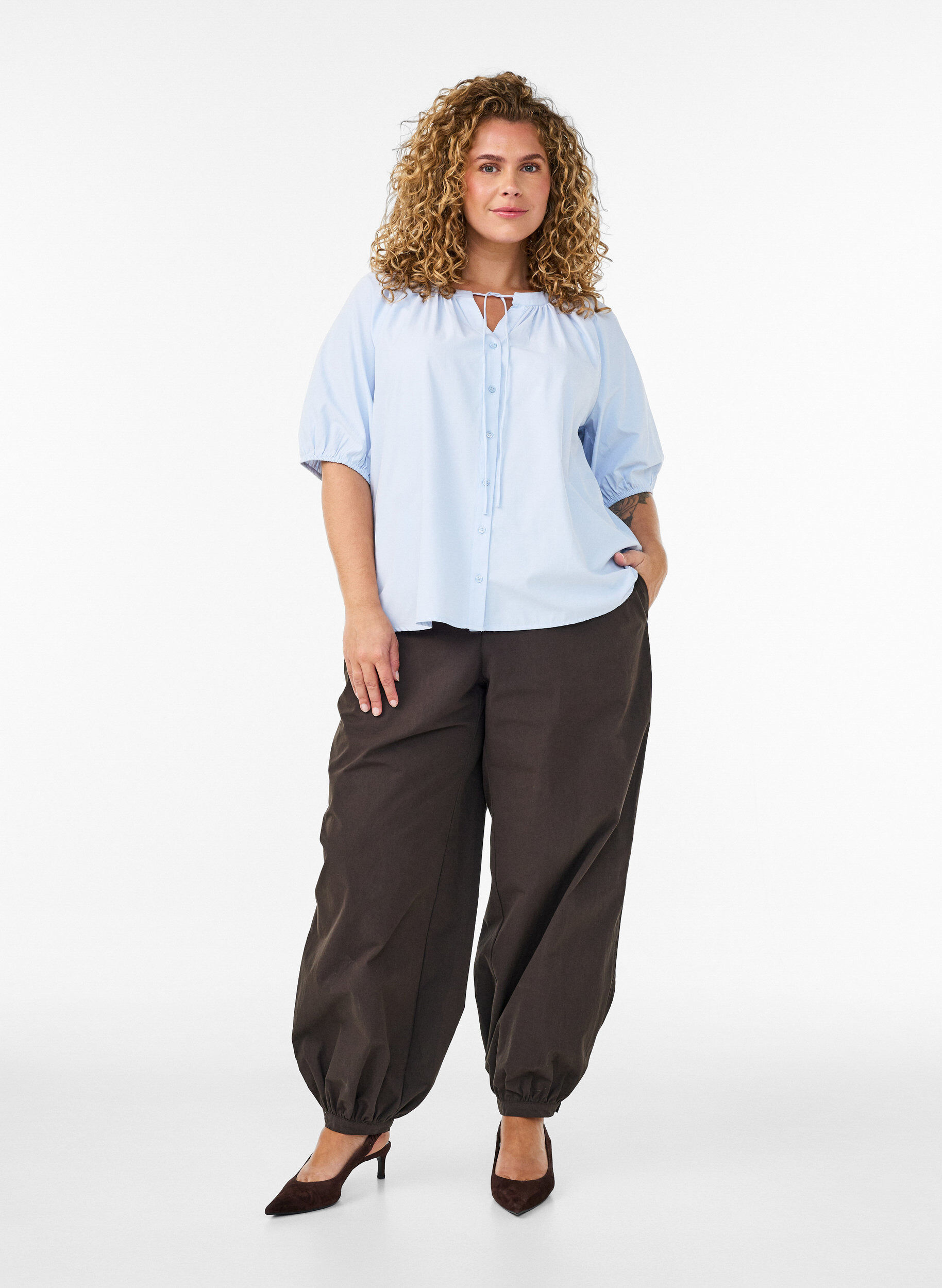 ZizzifashionShirt blouse with button fastening and tie-belt, Light Blue, Model image number 1