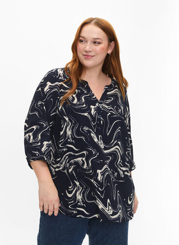Printed blouse with 3/4 sleeves, N. Blazer Swirl AOP, Model image number 0