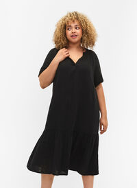 Waist dress with short sleeves in cotton, Black, Model
