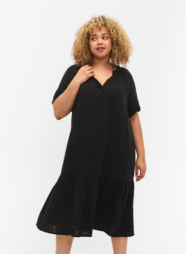 Waist dress with short sleeves in cotton, Black, Model image number 0