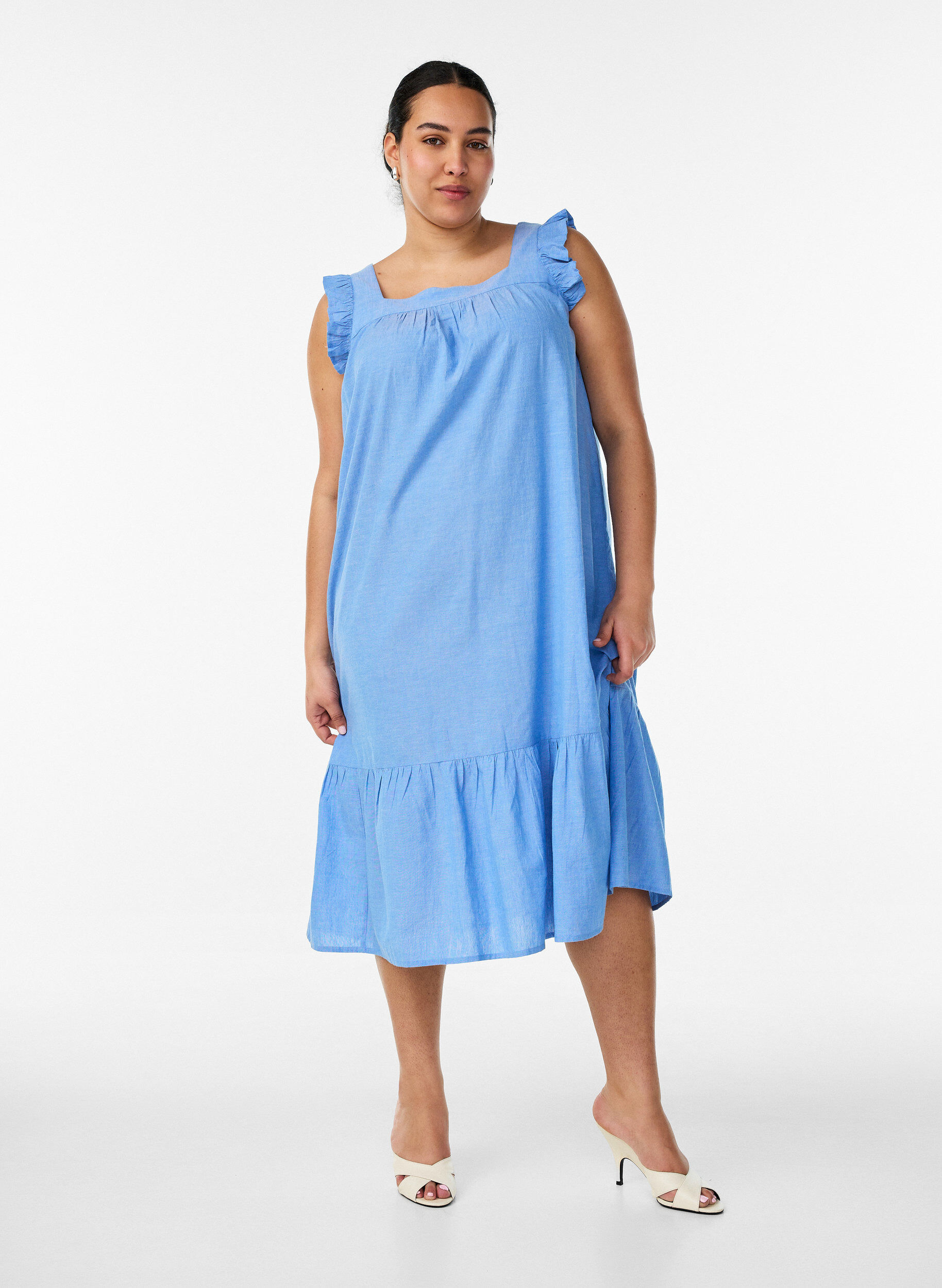 ZizzifashionMidi dress in cotton with ruffle details, Light Blue, Model image number 0
