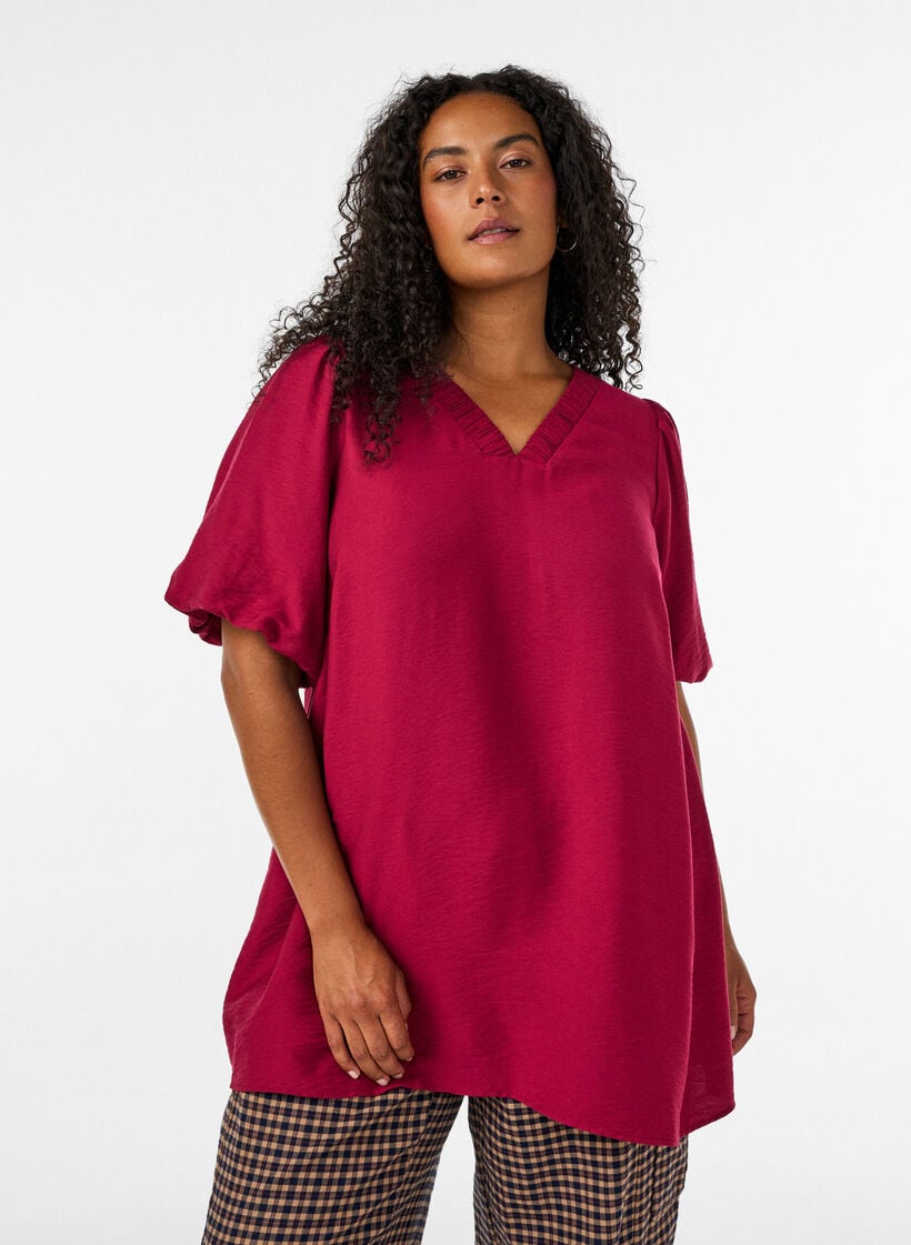 Tunic with balloon sleeves and a V-neck, Red, Model image number 0