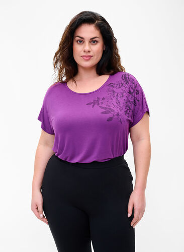 Short-sleeved viscose t-shirt with floral print, Grape Juice Flower, Model image number 0