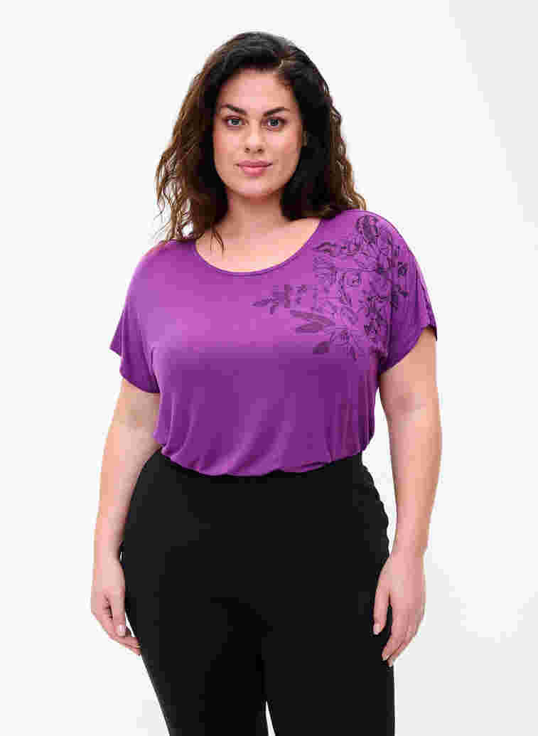 Short-sleeved viscose t-shirt with floral print, Grape Juice Flower, Model image number 0
