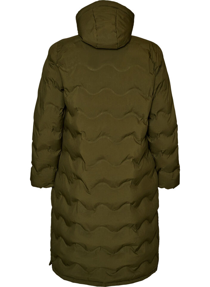 Long hooded puffer jacket with a wave pattern, Green, Packshot
