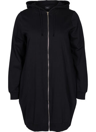 Long cotton sweat cardigan with hood, Black, Packshot image number 0
