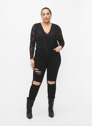 Tight-fitting jeans with rip details, Black, Model image number 0