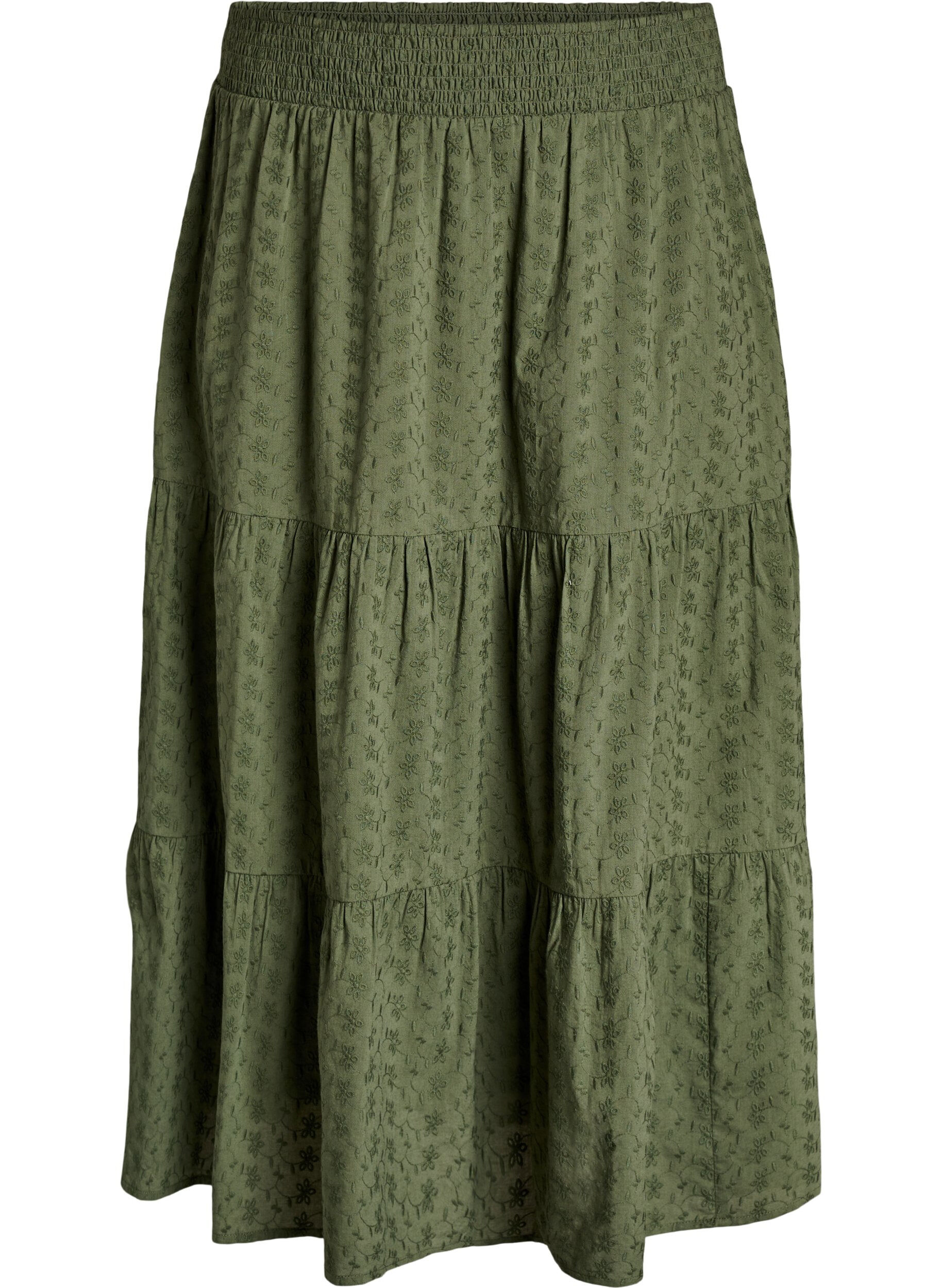 Ankle-length cotton skirt with a smocked waist