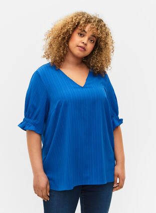 Striped blouse with short sleeves, Victoria blue, Model image number 0
