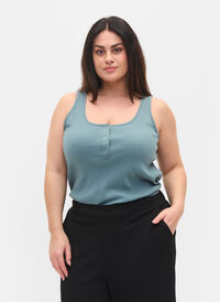 Top with a round neck in ribbed fabric, Goblin Blue, Model