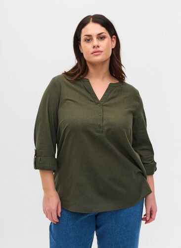 Shirt blouse in cotton with a v-neck, Climbing Ivy, Model image number 0
