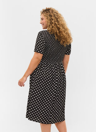 Printed viscose dress with smock, Black Dot, Model image number 1