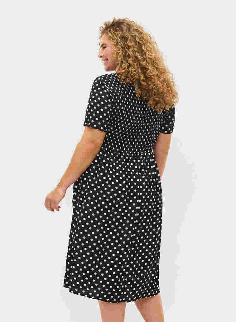 Printed viscose dress with smock, Black Dot, Model