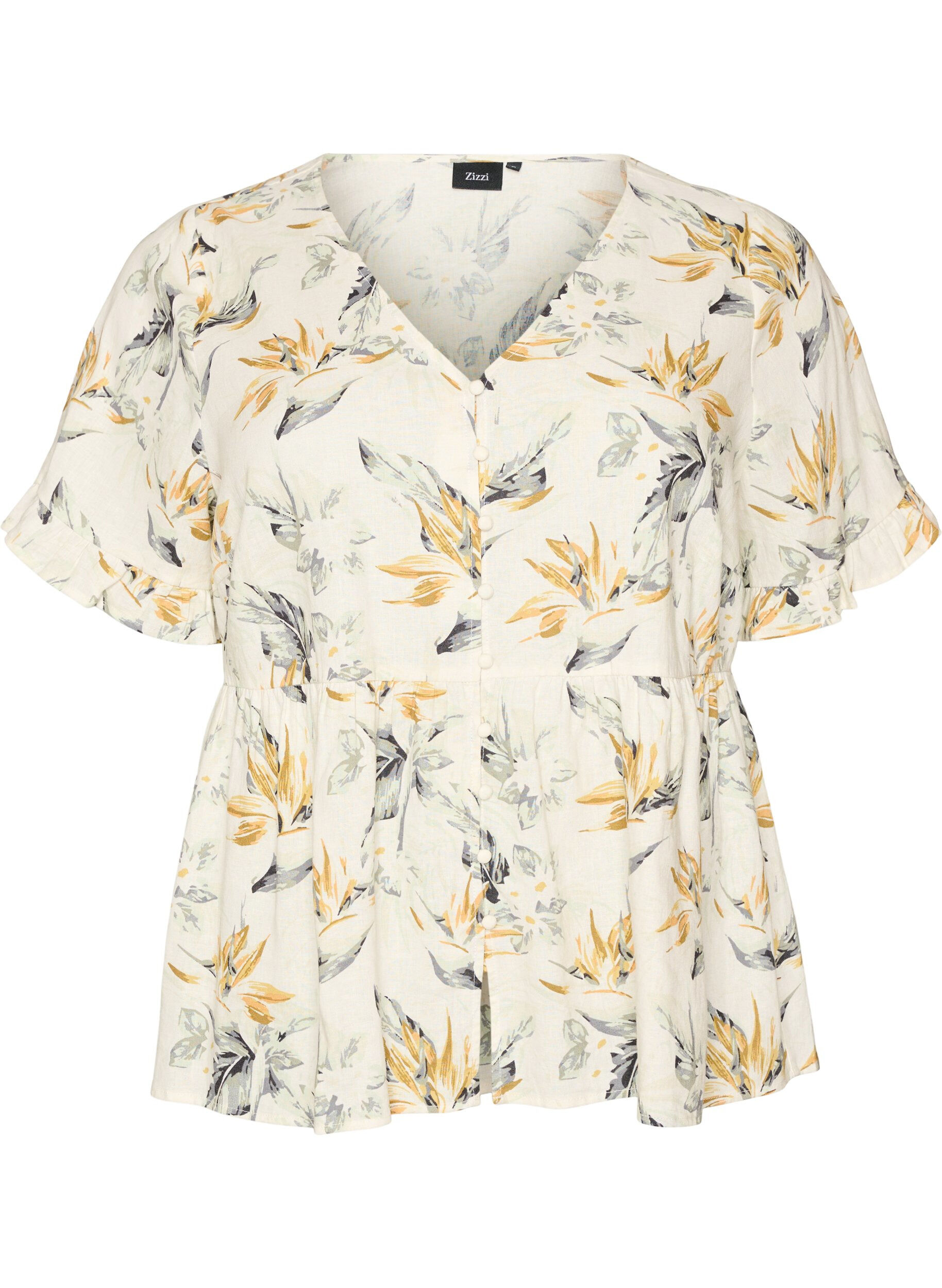 Blouse in linen and viscose with a V-neck and button fastening