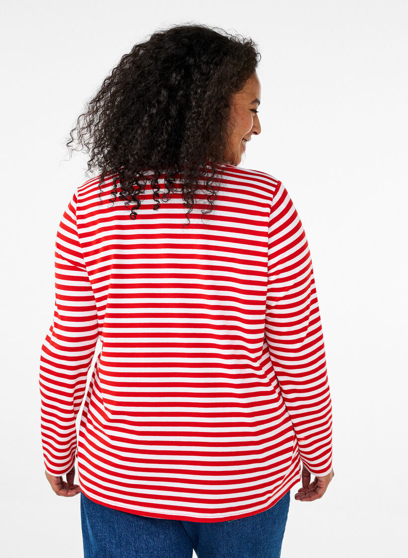 Striped blouse with motif, Whitew.FlameS.Stripe, Model image number 1