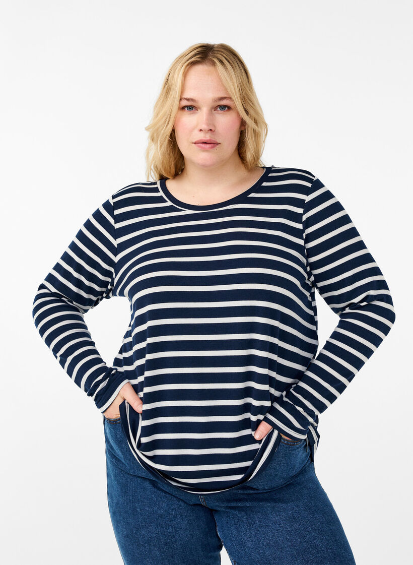 Long-sleeved blouse with stripes, Evening Blue Stripe, Model image number 0