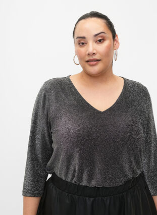 Glitter blouse with 3/4 sleeves, Black Silver , Model image number 2