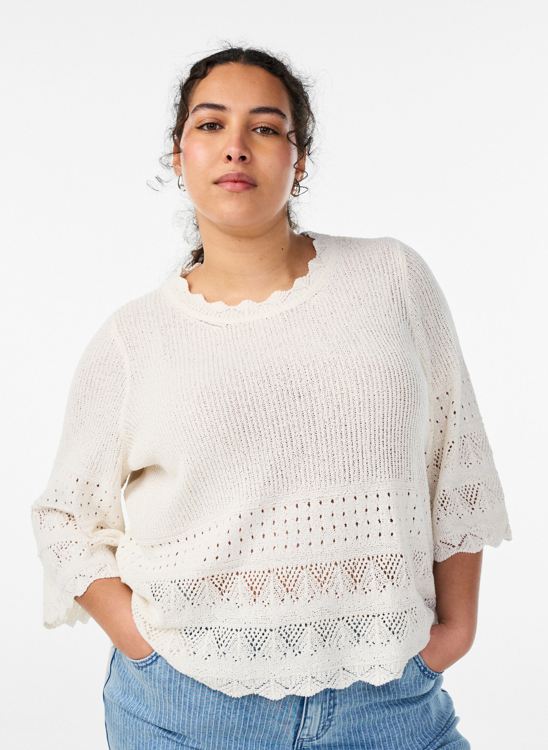 Zizzifashion Knitted blouse with eyelet embroidery and 1/2 sleeves, Vanilla, Model image number 0