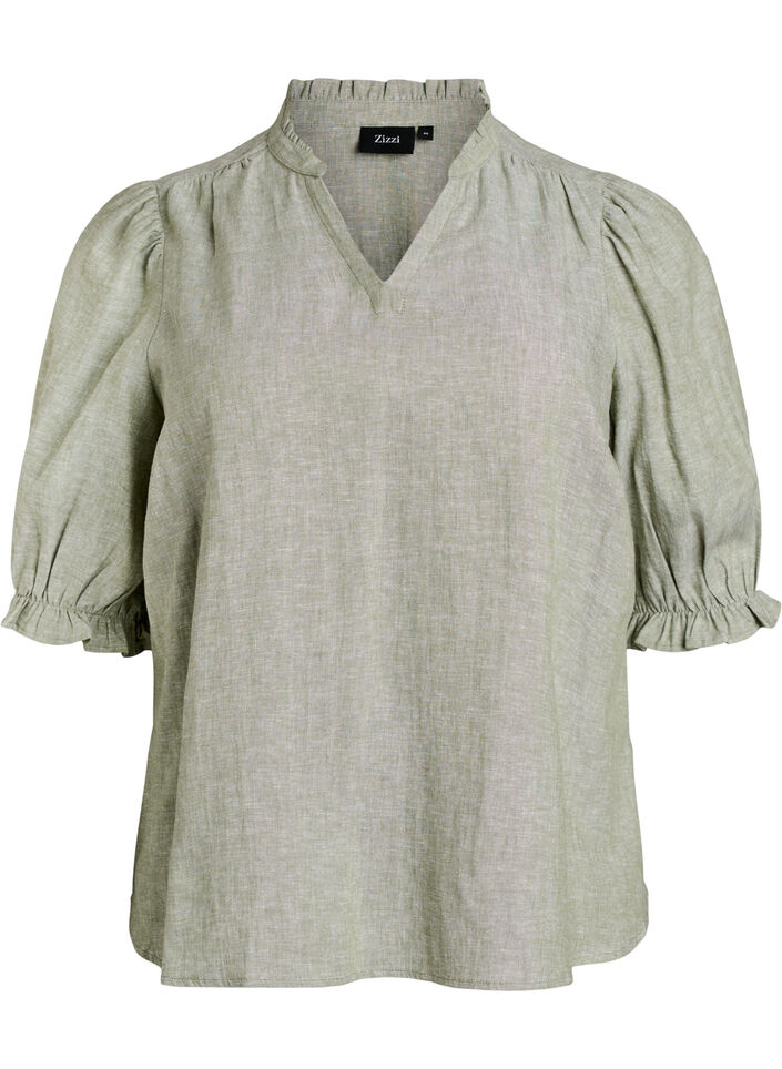 Blouse in linen and viscose with 1/2 sleeves, Green, Packshot image number 0