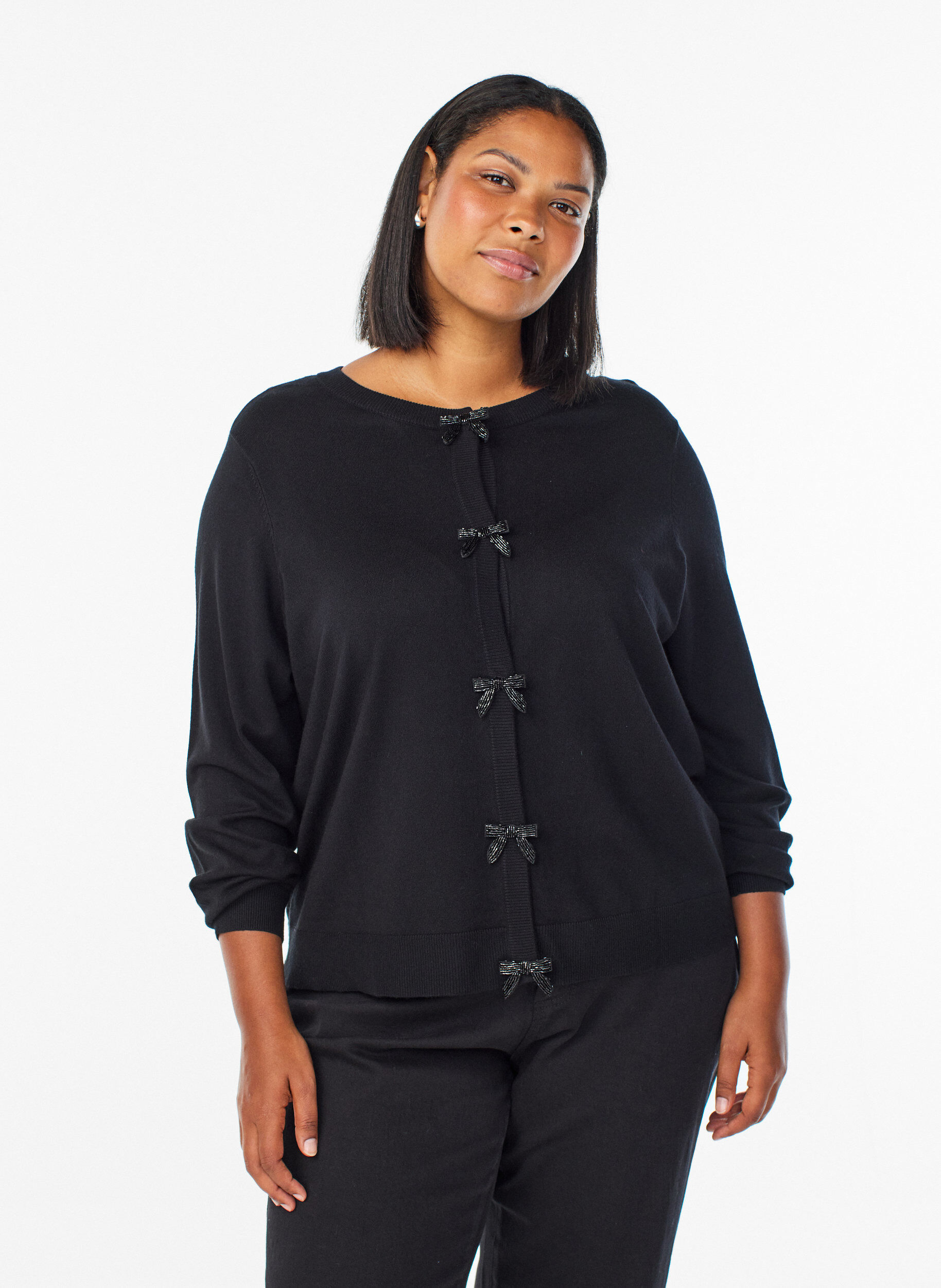 Cardigan with pearl-embroidered bows and press studs, Black, Model