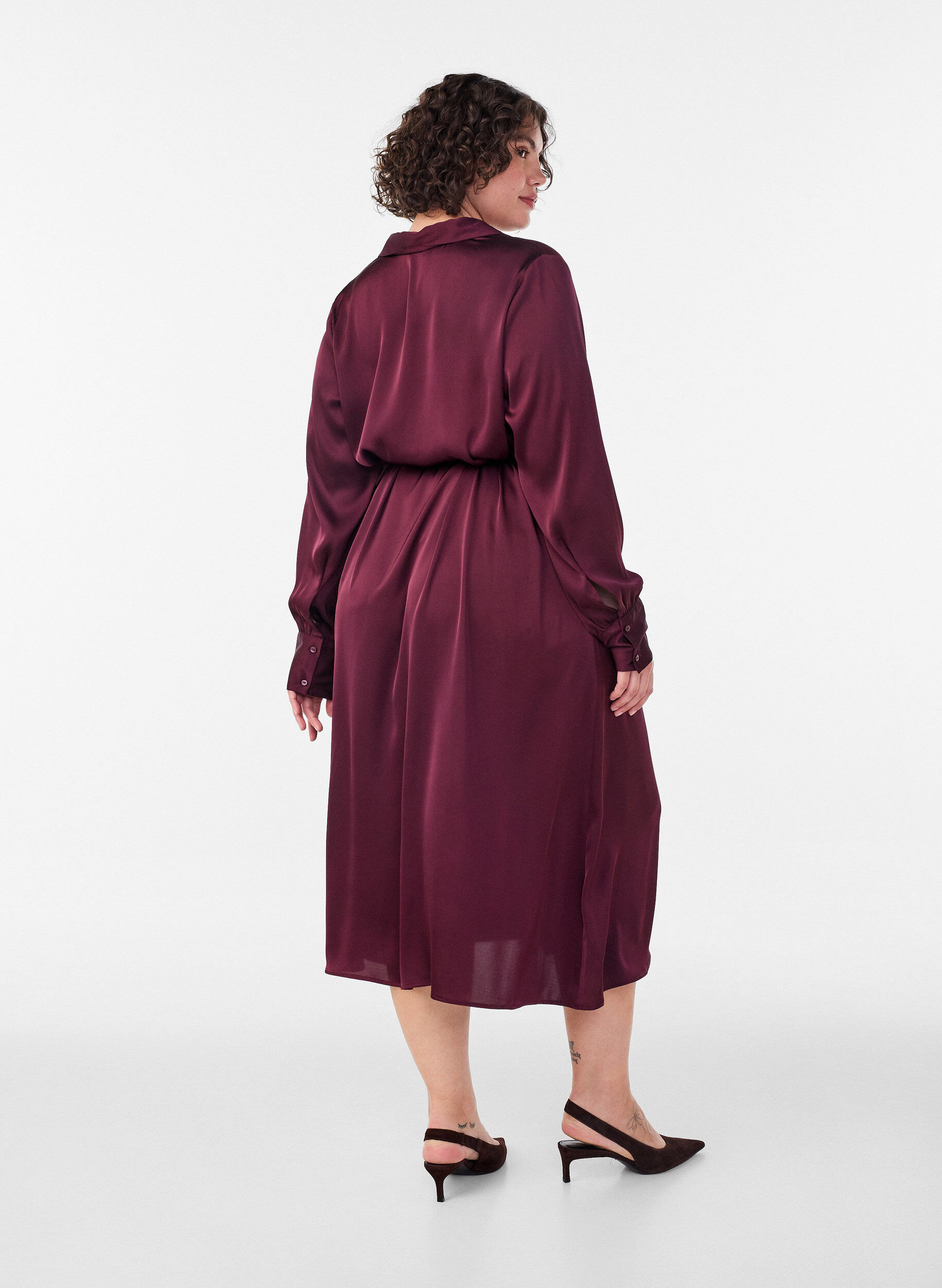 ZizzifashionSatin shirt dress with a tie-belt, Red, Model image number 2