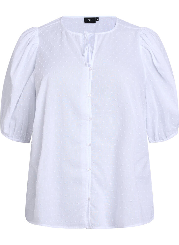 Shirt blouse with tie string and dotted texture, White, Packshot image number 0