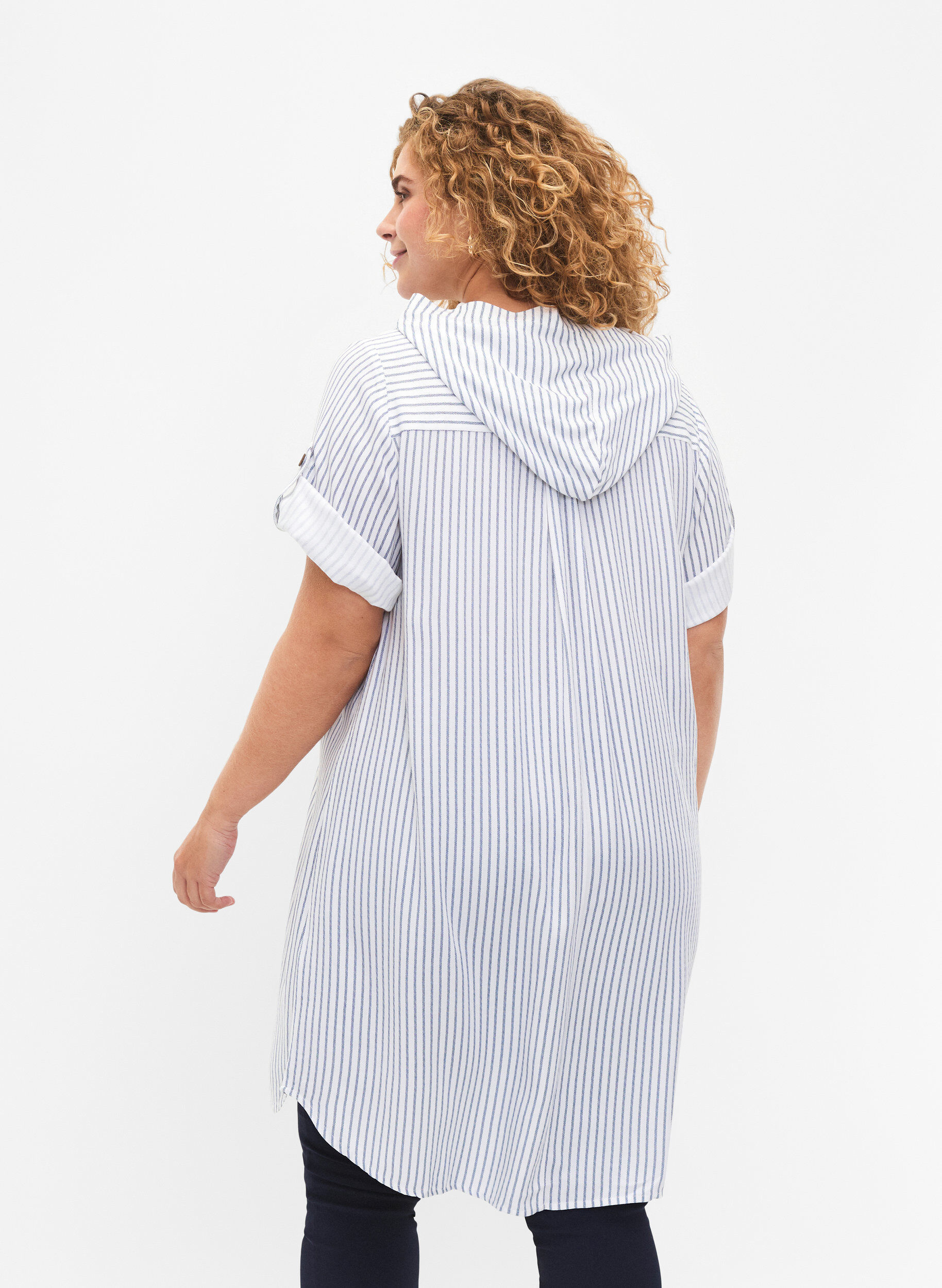 Zizzifashion Short-sleeved viscose tunic with hood, Blue White Stripe, Model image number 1