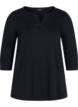 Plain-coloured cotton blouse with 3/4-length sleeves and slits, Black, Packshot image number 0