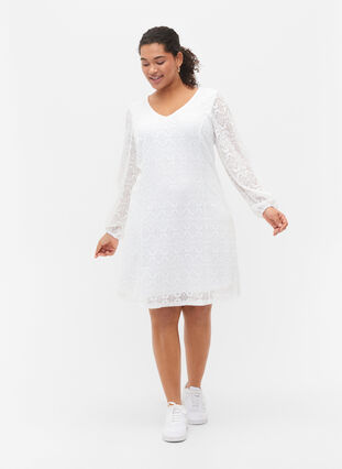 Lace dress with v neck and long sleeves, Bright White, Model image number 2