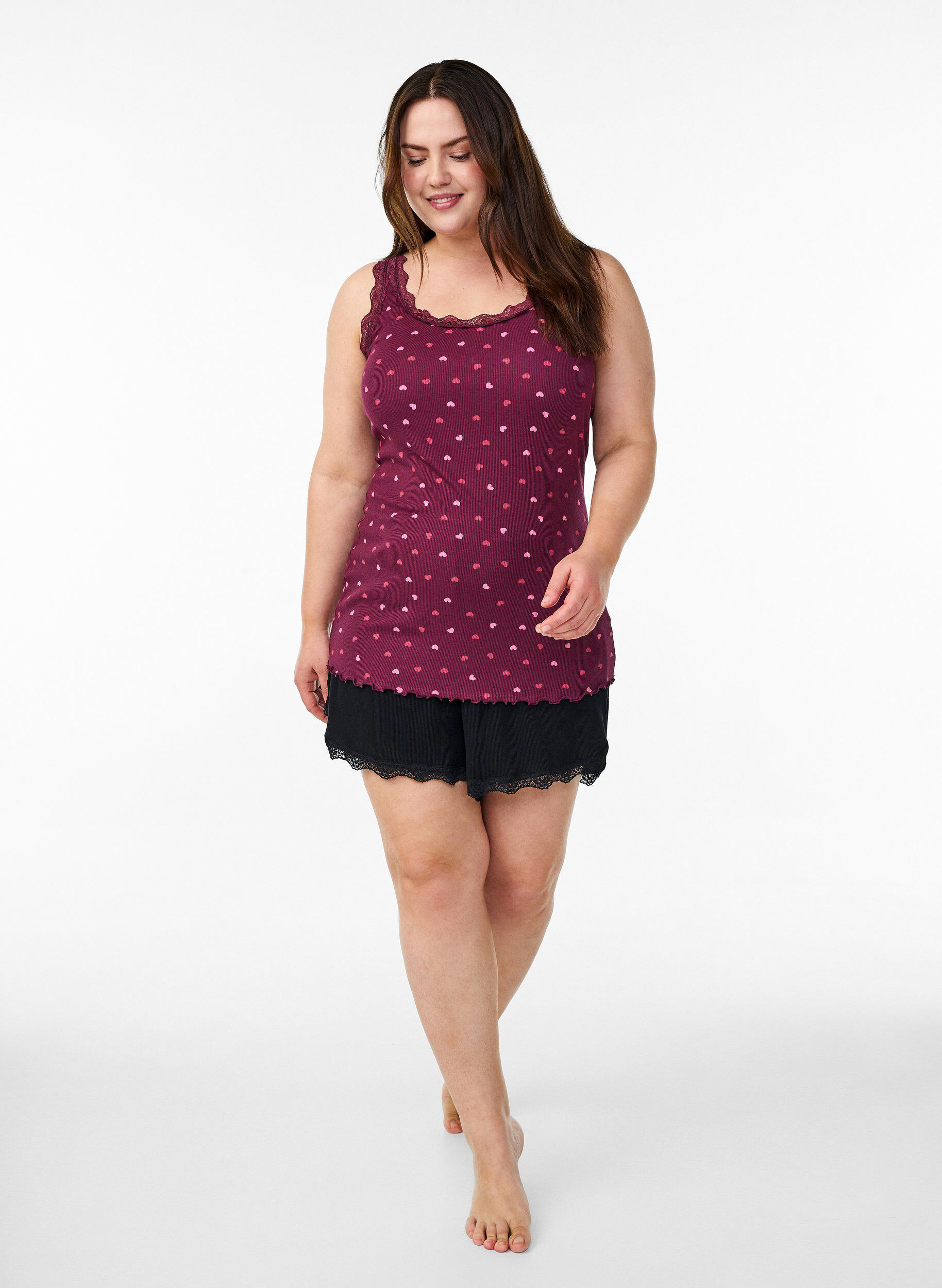 ZizzifashionTop with print and lace edge, Dark Bordeaux, Model image number 1