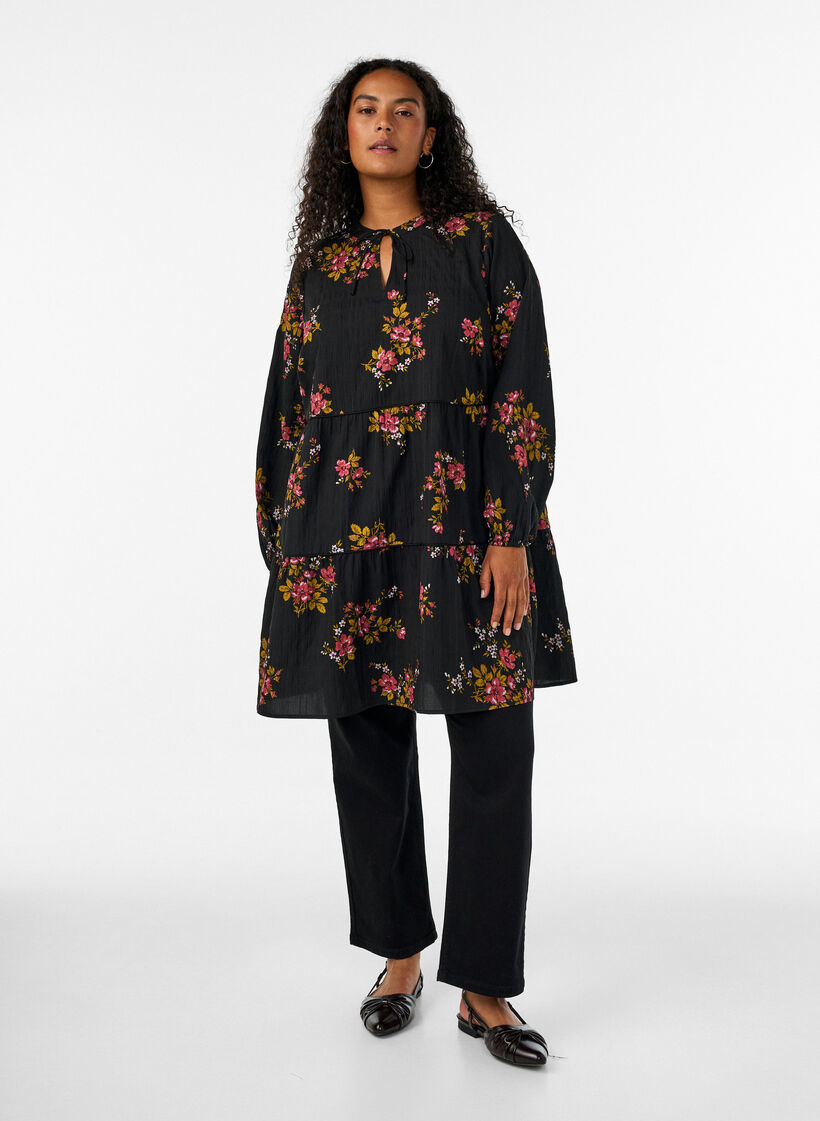 Floral print dress with tie fastening, Black, Model image number 1