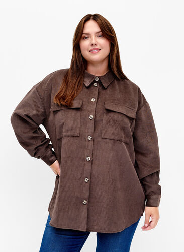 Long sleeve velvet shirt with chest pockets, Java, Model image number 0