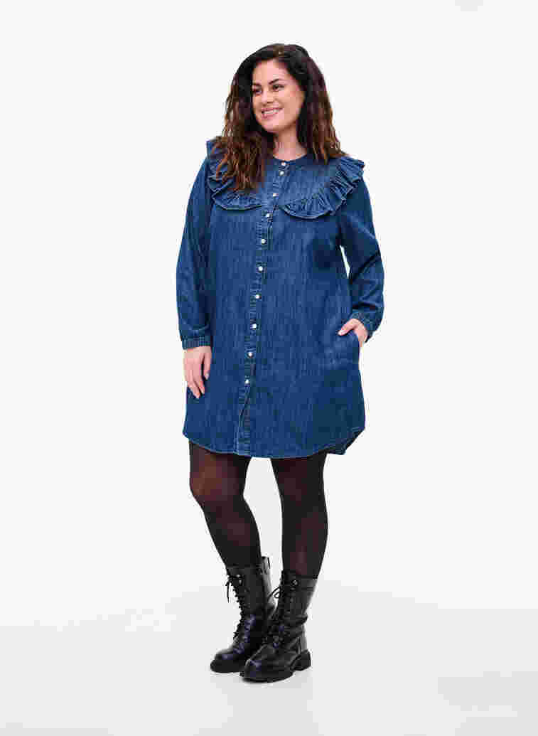 Ruffled denim dress with embellished buttons, Dark blue denim, Model image number 2