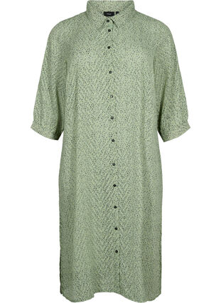 Dotted shirtdress with 3/4 sleeves and slit, Seagrass Dot, Packshot image number 0