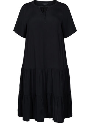 Short sleeve viscose dress with print, Black, Packshot image number 0