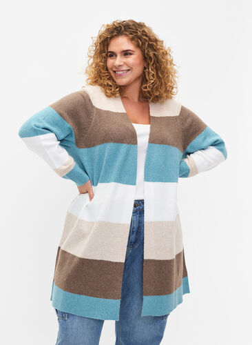 Long open front cardigan, Reef Waters Mel Comb, Model image number 0