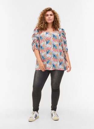 Printed viscose blouse with puff sleeves, Gray Dawn AOP, Model image number 3