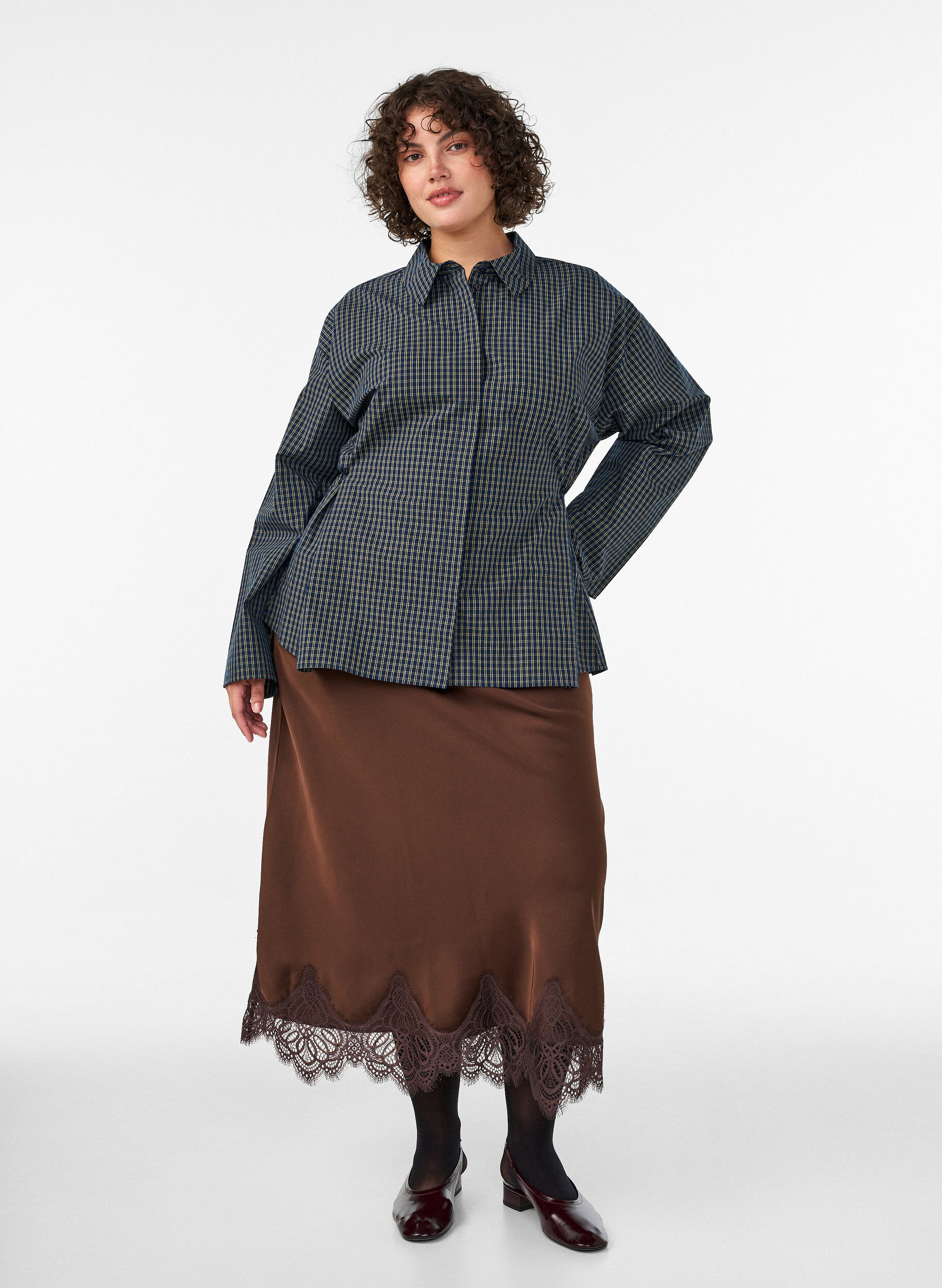ZizzifashionCotton shirt with a checked pattern and concealed button fastening, Blue, Model image number 1