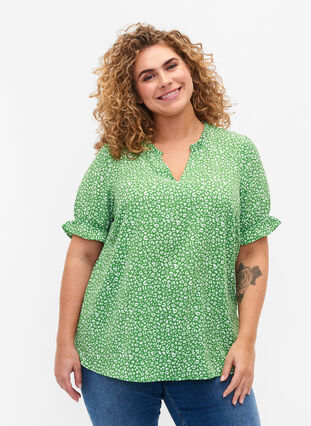 Short-sleeved blouse with print (GRS), Green Ditsy, Model image number 0