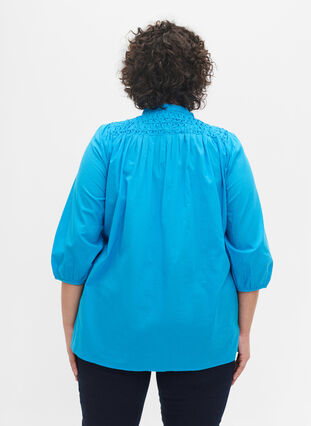 Cotton blouse with 3/4 sleeves and smock, Dresden Blue, Model image number 1