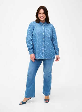 Floral denim shirt with chest pocket, Light Blue w.Flowers, Model image number 2