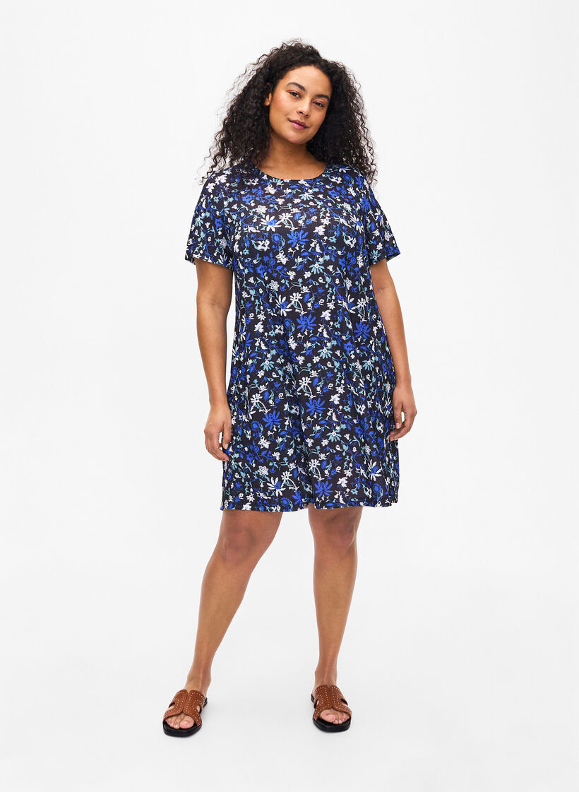 FLASH - Floral print dress with short sleeves, Black Blue Green AOP, Model image number 2