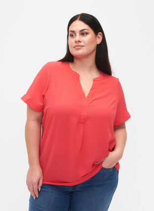Short-sleeved blouse with v-neckline, Hibiscus, Model image number 0